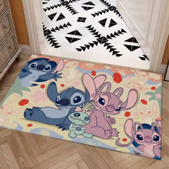 Discover Stitch and Angel Couple Print Doormat with Non-slip Backing
