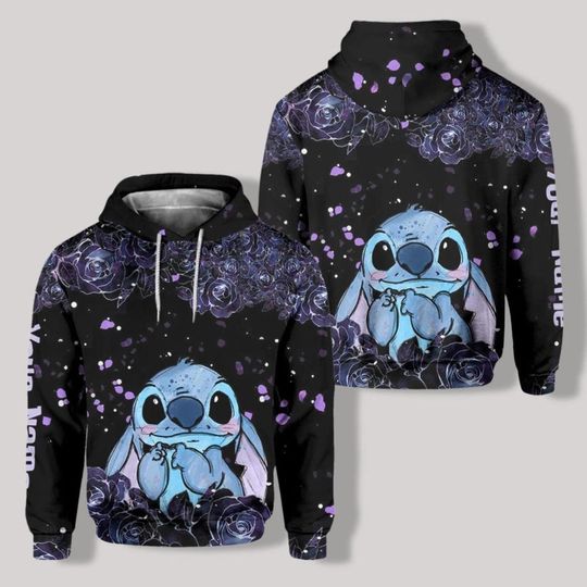 Cute Stitch Dark Roses Ohana Means Family Xmas Hoodie, Lilo And Stich Fan Gift, AOP Hoodie Unisex Inspired Apparel