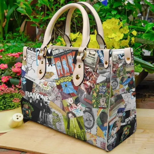 Discover Women Leather Satchel Tote Bag, Vintage Collage Print, Top Handle Gift