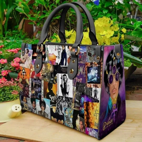Discover Purple Pop Icon Collage Leather Tote Bag, Vintage Music Handbag, Gift
