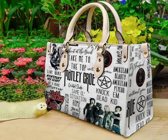 Rock Band Lyrics Print Leather Tote Bag, Vintage Music Handbag, Gift