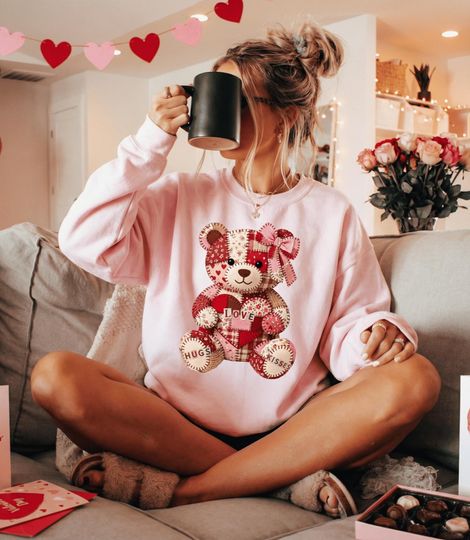 Discover Patchwork Teddy Bear Valentine Shirt Sweatshirt Hoodie, Cute Love Bear Graphic Tee, Vintage Cozy Aesthetic Outfit, Trendy Gift Top