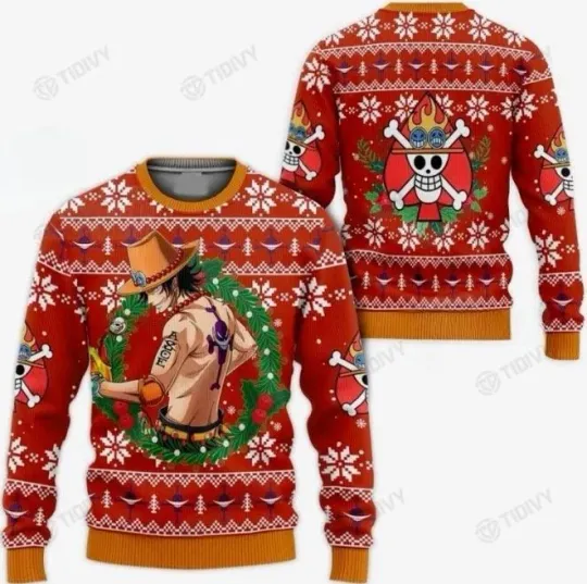 ACE STRAW HAT PIRATE ONE PIECE ANIME MANGA MERRY CHRISTMAS UGLY SWEATER