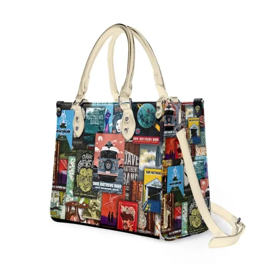 Discover Indie Rock Poster Collage Leather Tote Bag, Vintage Music Handbag, Gift
