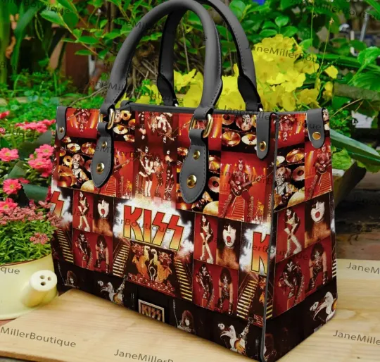 k i s s rock band leather handbag, rock music tote bag, vintage concert gift