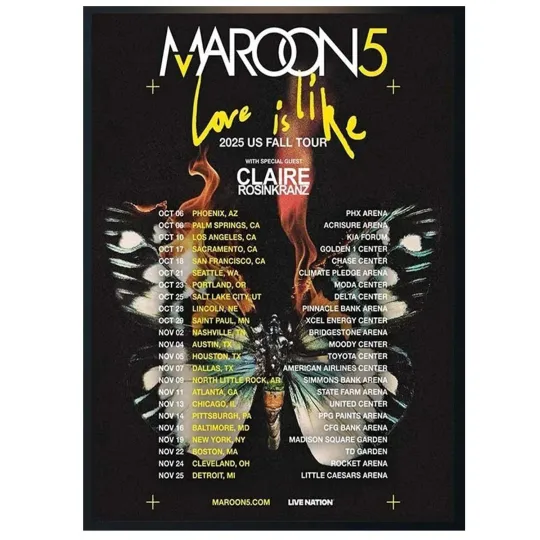 Discover Maroon 5 Love Is Like 2025 US Fall Tour Poster