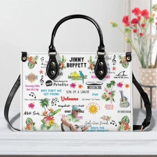 Jimmy Buffett Music Leather Handbag, Tropical Song Lyrics Tote Bag, Gift