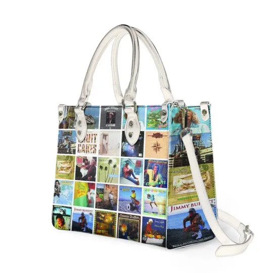 Jimmy Buffett Music Leather Handbag, Tropical Concert Collage Tote Bag Gift