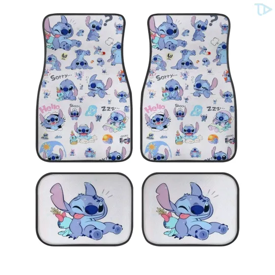 Discover Stitch Cartoon Car Floor Mats, Set of 4, Universal Fit, Non Slip, Washable, Cute