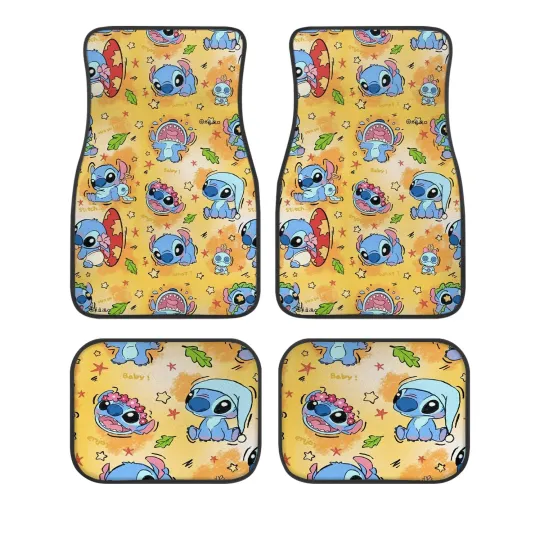 Discover Stitch Cartoon Car Floor Mats, Set of 4, Universal Fit, Non Slip, Washable, Yell