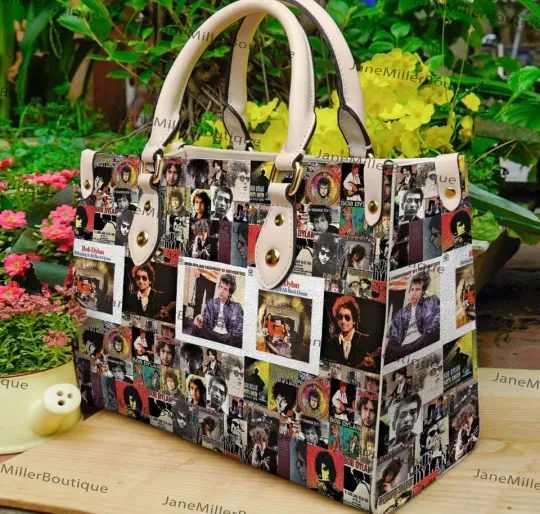 Bob Dylan Leather Handbag, Folk Rock Music Collage Tote Bag, Vintage Fan Gift
