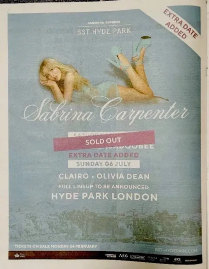 Discover Sabrina Carpenter Live Tour 2025 BST London Olivia Dean News Advert Poster 14x11