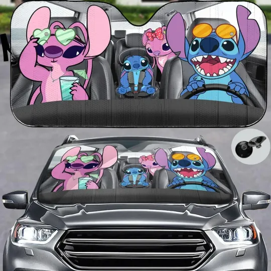 Discover Stitch Angel Car Sunshade, Lilo and Stitch Family Windshield Shade, Cute Alien D