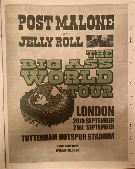 Post Malone Live 2025 Tour Dates Poster ” Jelly Roll News Advert Vertical Poster