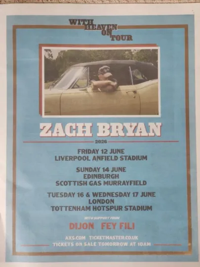 Discover Zach Bryan Live Tour Dates 2026 Heaven on Earth Newspaper Advert Poster 14x11”