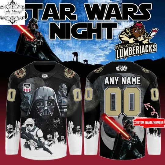 Discover Personalized Muskegon Lumberjacks Star Wars Night Hockey Shirt Men's Fan Gear
