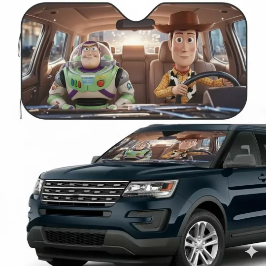 Discover Funny Cartoon Road Trip Car Sun Shade, Playful Driving Duo Design