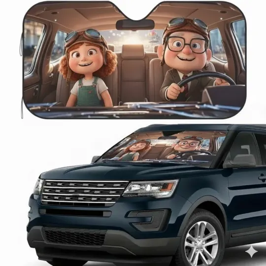 Discover Cute Adventure Car Sun Shade, Wholesome Cartoon Road Trip Design