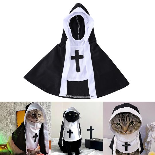 Discover Halloween Cats Nun Costume Jesus Cross Print Kitty Clothes for Small Dogs Funny Cute Dress Up Party Pet Overalls Cat Accessories