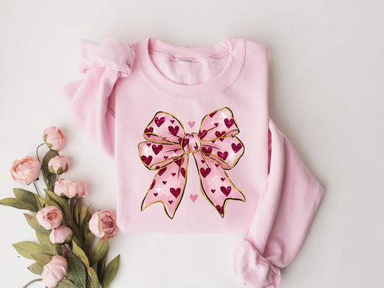 Discover Coquette Valentine's Day Heart Bow Sweatshirt, Retro Valentine Shirt, Valentines Day Bow Shirt, Coquette Bow T Shirt, Bow Valentine Gifts