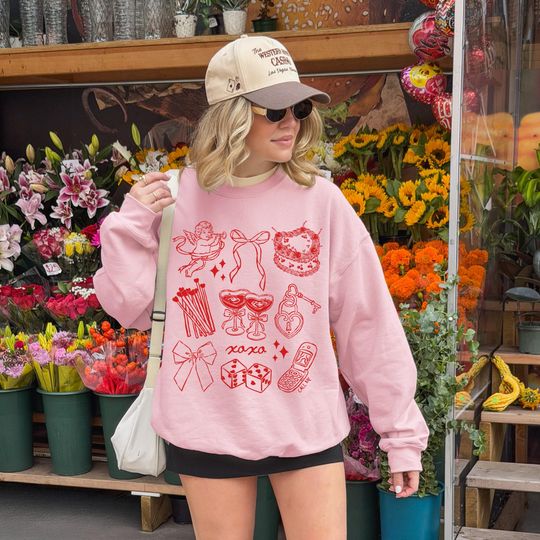Discover Valentine Doodle Sweatshirt, Retro Valentines Day Shirt, Cupid Sweatshirt, Preppy Valentine Sweatshirt, Trendy Aesthetic, Valentine Gift