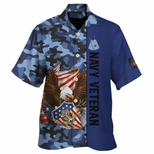 Discover Navy Veteran Eagle Patriot Summer Hawaiian Shirt