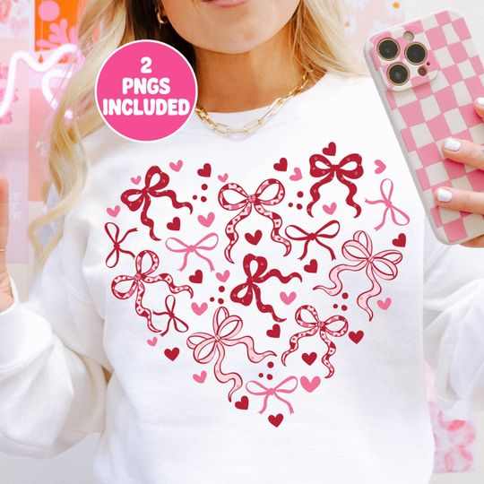 Coquette Valentines Heart Sweatshirt, Girly Valentines Day Sweatshirt, Preppy Bow Heart Valentines Sweatshirt