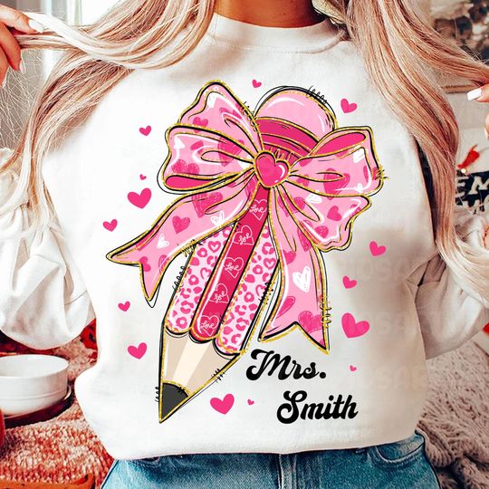 Discover Teacher Valentine Coquette Bow Pencil Sweatshirt, Glitter Valentine Teacher Heart Sweatshirt