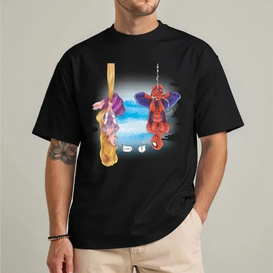 Discover Disney Rapunzel Princess Meet Spiderman Hanging Upside Down Tshirt Men Women