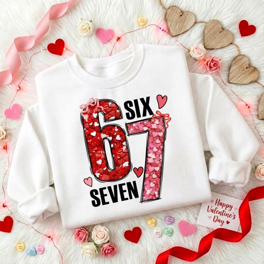 Discover 6 7 Valentine Hoodie, 67 Love Tee, Cute Six Seven Valentine Ribbon Sweatshirt, 6 7 Meme Valentine Sweater, Happy Valentines Day shirt Gift