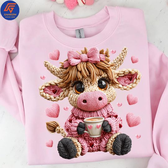 Discover Preppy Valentine Highland Cow PNG, Faux Yarn Crochet Cow PNG, Chunky Knit Coquette Flower Design, Valentines Shirt Png