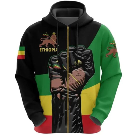 Discover Casual Ethiopia Flag Pattern Zip Up Hoodie Fashion Trend National Emblem 3D Printed Zipper Hoodies Loose Streetwear Pullovers