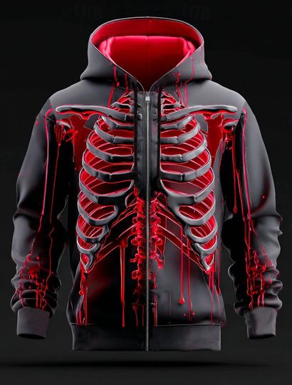 Discover Men's Clothing 3D Skeleton Zipper Hoodie Halloween Sweatshirt Punk Cool Crew Neck Party Gift Streetwear Drawstring Fall Designer