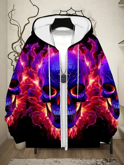 Discover Horror Flame Skull Graphic 3D Print Zip Up Hoodie Men Women Spring Autumn Sweatshirt Oversized Harajuku Y2k Cool Streetwear Coat