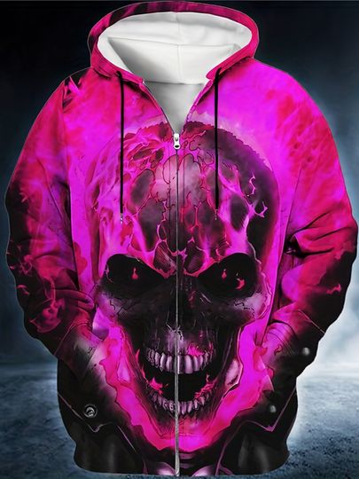 Discover Halloween Y2K Men's 3D Glowing Skull Print Hooded Jacket Oversized Hoodie With Zipper For Autumn Men's Clothing Plus Size Coats