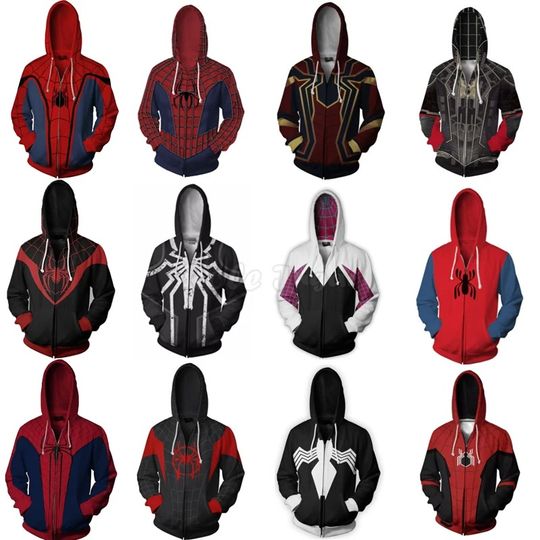 Discover New Anime Superhero Spiderman Hooded Coat Cosplay Costume Men Women 3D Digital Printing Zipper Cardigan Jackets Tops C36M149