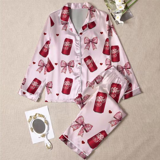 Discover Coquette Dr Pepper Satin Pajama Set, Drinks Lover Loungewear, Diet Pepper Sleepwear for Adults