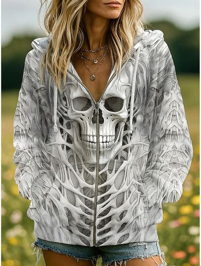 Halloween Skull 3D Printed Women's Zipper Hoodie Spring and Autumn Thin Casual Sports Daily Women's Oversized Sweatshirt tops