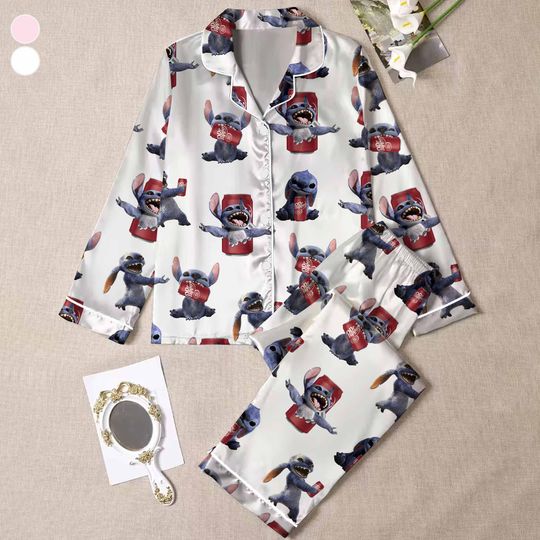 Dr Pepper Stitch Pajamas Set for Adults, Soda Lover Sleepwear, Stitch Design, Gift for Fans
