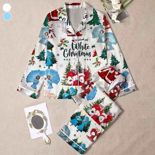 White Christmas Pajama Set for Adults and Family, Holiday Sleepwear, 90s Movie Style