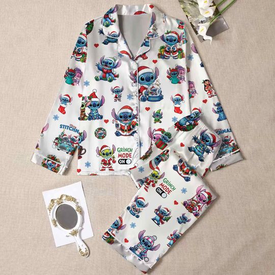 Lilo and Stitch Christmas Pajamas Set, Stitch Angel Xmas Sleepwear, Blue Alien Lounge Set
