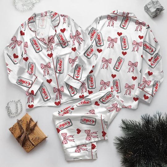 Diet Coke Pajamas Set for Women, Holiday Sleepwear, Diet Coke and Dr Pepper Satin Loungewear