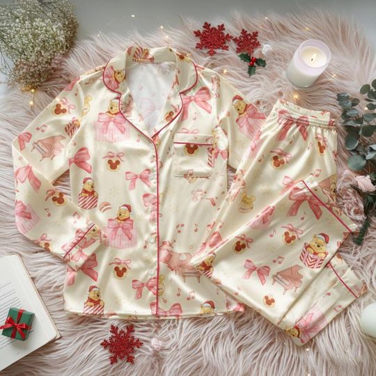 Discover Winnie the Pooh Christmas Satin Pajamas Set, Disney Matching Family Pajamas, Cute Coquette Pooh Bear Sleepwear