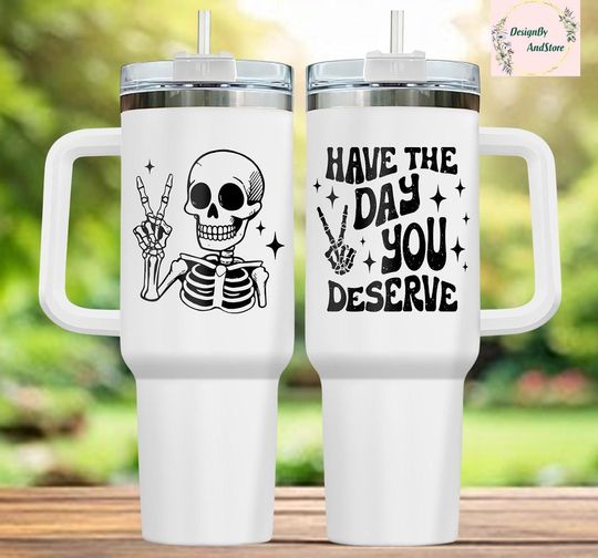 Discover 40 oz Skeleton Tumbler with Handle - Positive Have The Day You Deserve - Gothic Stainless Steel Drinkware for Women