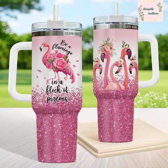 Discover Pink Flamingo Tumbler 40oz with Handle, Stainless Steel Drinkware, Cute Animal Design, Gift for Women