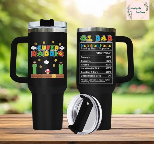 Super Daddio 40 oz Stainless Steel Tumbler with Handle - Dad Nutrition Facts, Father’s Day Gift
