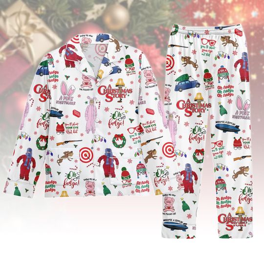 A Christmas Story Pajamas Set, Funny Holiday Movie Pjs, Oh Fudge Print Sleepwear