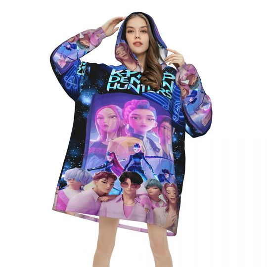 KPop Demon Hunters Huntrix Blanket Hoodie Wearable Blanket Large with Pocket