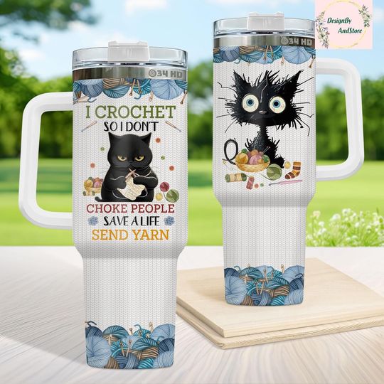 Discover Black Cat Crochet Tumbler 40oz with Handle, Stainless Steel, Cat Lover Gift