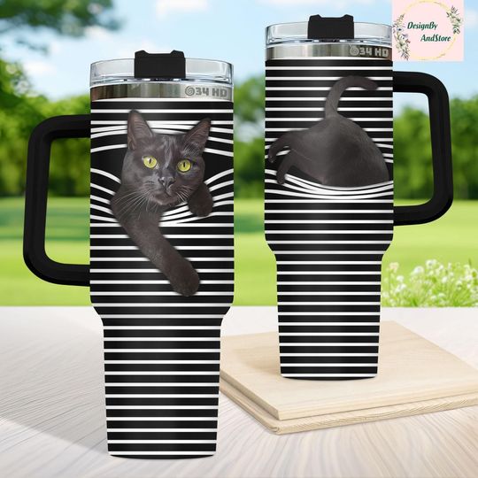 Discover Black Cat Tumbler 40oz with Handle, Stainless Steel Cat Lover Gift, Cat Lady Decor